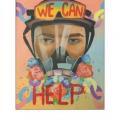 Art piece showing a masked face and the text "We can help"